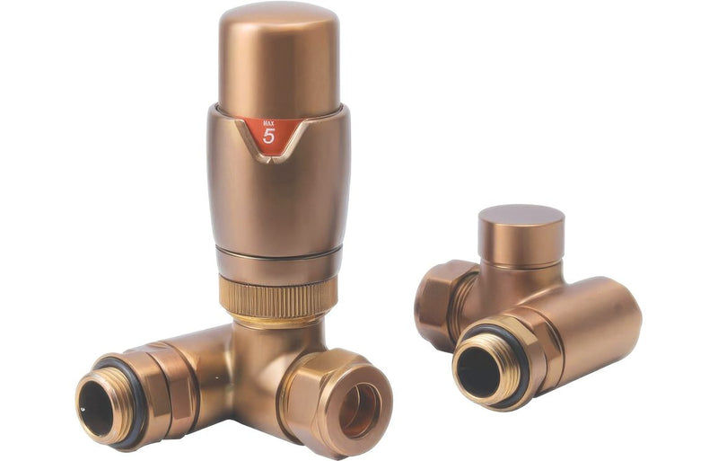 Round Thermostatic Brushed Bronze Radiator Valves - Corner - KPSB108865