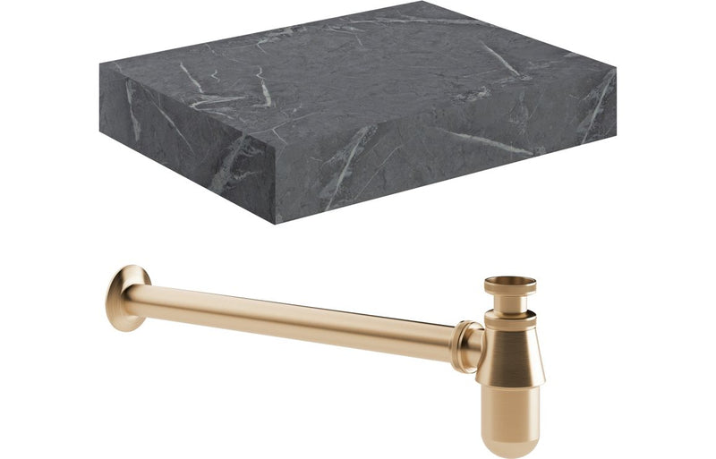 Jasmine 600mm Wall Hung Grey Marble Basin Shelf & Brushed Bronze Bottle Trap - KPSB108908