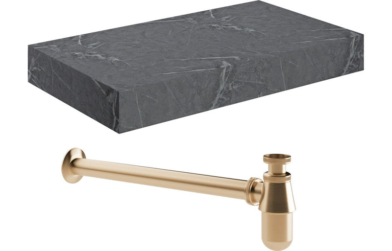 Jasmine 800mm Wall Hung Grey Marble Basin Shelf & Brushed Bronze Bottle Trap - KPSB108909