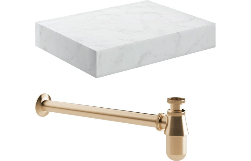 Jasmine 600mm Wall Hung White Marble Basin Shelf & Brushed Bronze Bottle Trap - KPSB108910