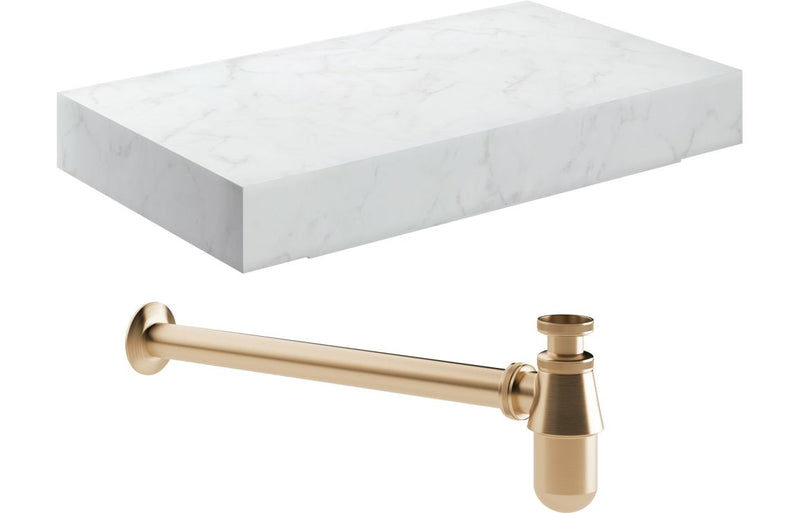 Jasmine 800mm Wall Hung White Marble Basin Shelf & Brushed Bronze Bottle Trap - KPSB108911