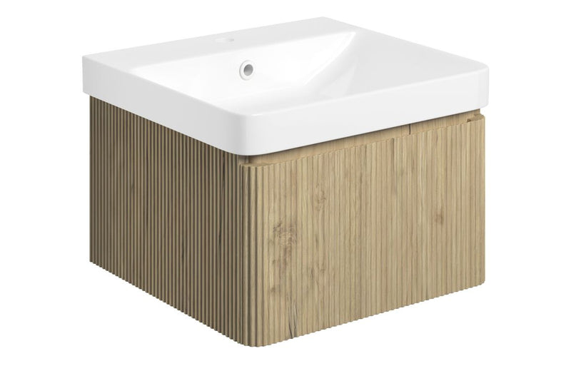 Jasmine 500mm Wall Hung 1 Drawer Basin Unit & Basin - Textured Oak - KPSB108921