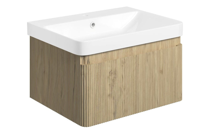 Jasmine 605mm Wall Hung 1 Drawer Basin Unit & Basin - Textured Oak - KPSB108922