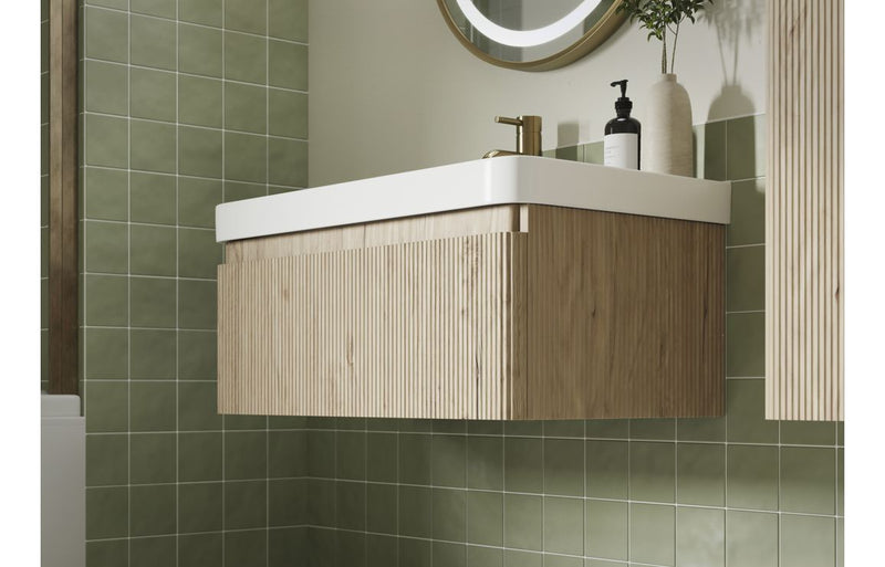 Jasmine 605mm Wall Hung 1 Drawer Basin Unit & Basin - Textured Oak - KPSB108922