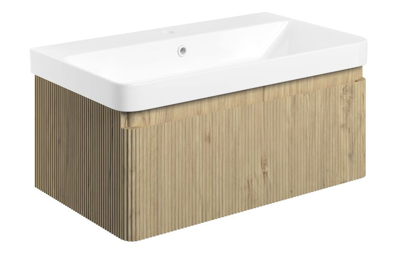 Jasmine 805mm Wall Hung 1 Drawer Basin Unit & Basin - Textured Oak - KPSB108923