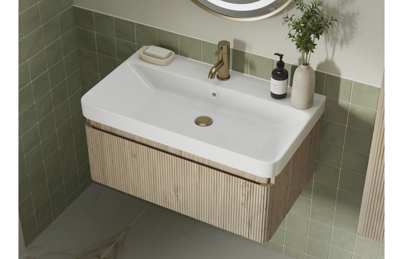 Jasmine 805mm Wall Hung 1 Drawer Basin Unit & Basin - Textured Oak - KPSB108923