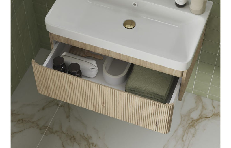 Jasmine 805mm Wall Hung 1 Drawer Basin Unit & Basin - Textured Oak - KPSB108923