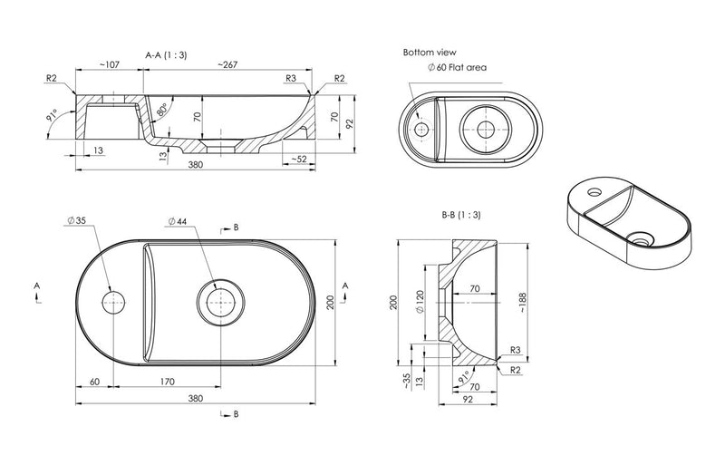 Murston 380x200mm Mini Resin Washbowl - White - KPSB109919