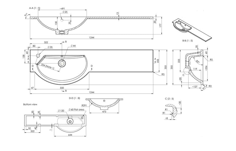 1244mm Slim Round One-Piece Basin & Overflow Ring - Left Hand - KPSB109929