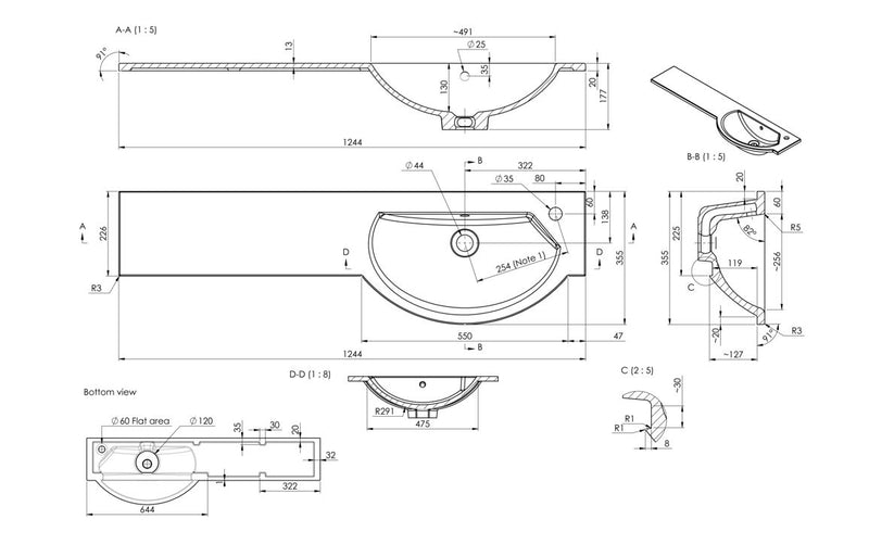 1244mm Slim Round One-Piece Basin & Overflow Ring - Right Hand - KPSB109930