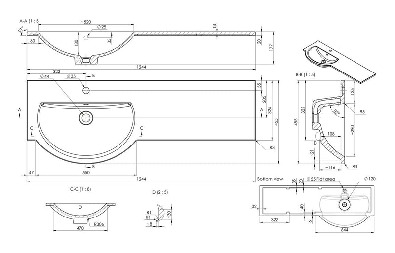 1244mm Standard Round One-Piece Basin & Overflow Ring - Left Hand - KPSB109932