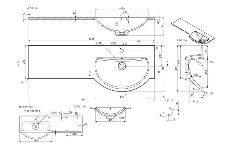 1244mm Standard Round One-Piece Basin & Overflow Ring - Right Hand - KPSB109933