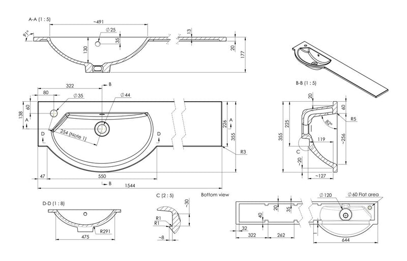 1544mm Slim Round One-Piece Basin & Overflow Ring - Left Hand - KPSB109935