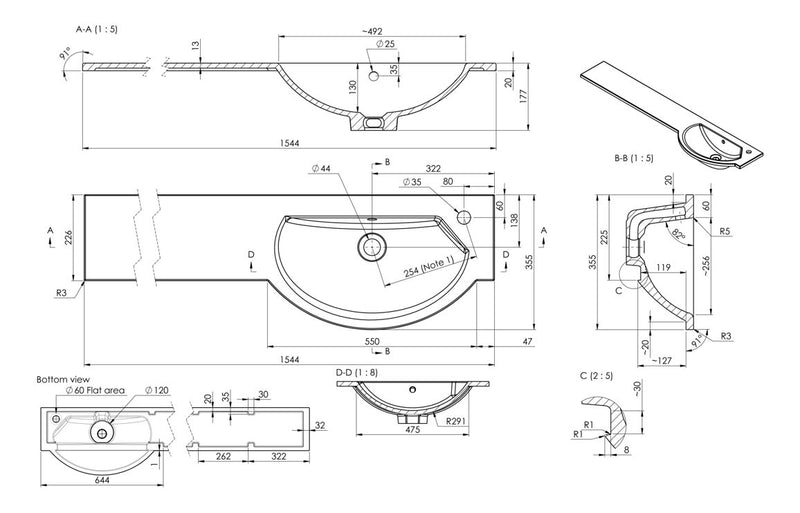 1544mm Slim Round One-Piece Basin & Overflow Ring - Right Hand - KPSB109936