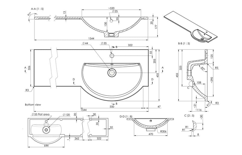 1544mm Standard Round One-Piece Basin & Overflow Ring - Right Hand - KPSB109939