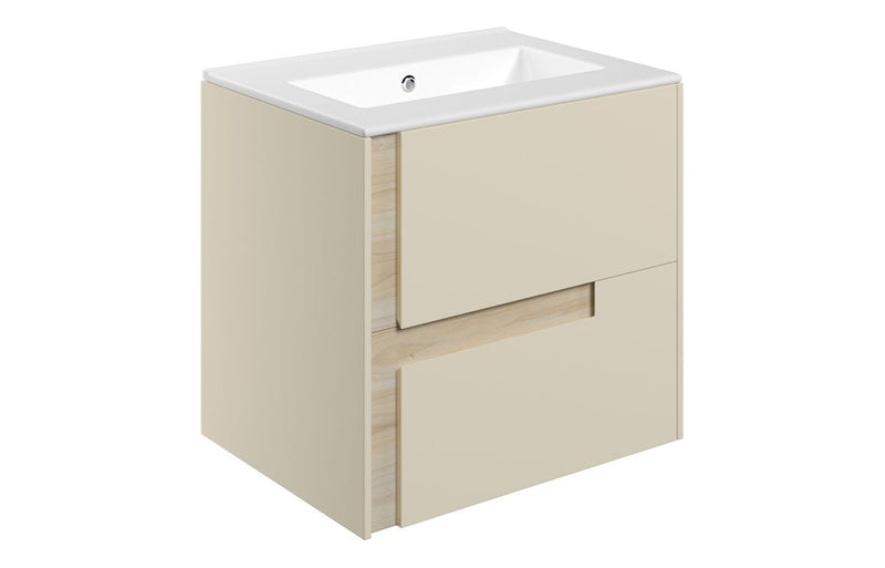 Iris 615mm Wall Hung 2 Drawer Basin Unit & 0TH White Thin Edge Basin - Matt Cotton & Oak Effect - KPSB111305