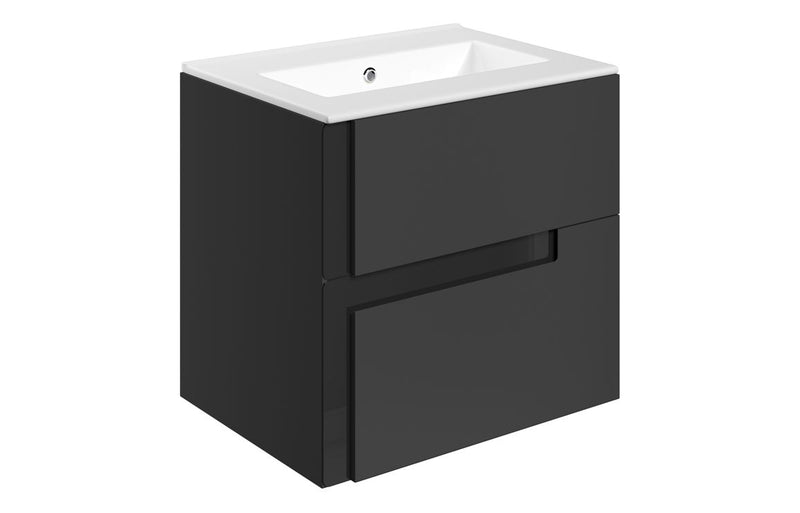 Iris 615mm Wall Hung 2 Drawer Basin Unit & 0TH White Thin Edge Basin - Matt Black & Glass - KPSB111306