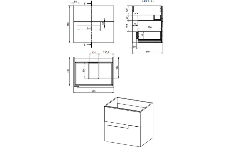 Iris 615mm Wall Hung 2 Drawer Basin Unit & 0TH White Thin Edge Basin - Matt Black & Glass - KPSB111306