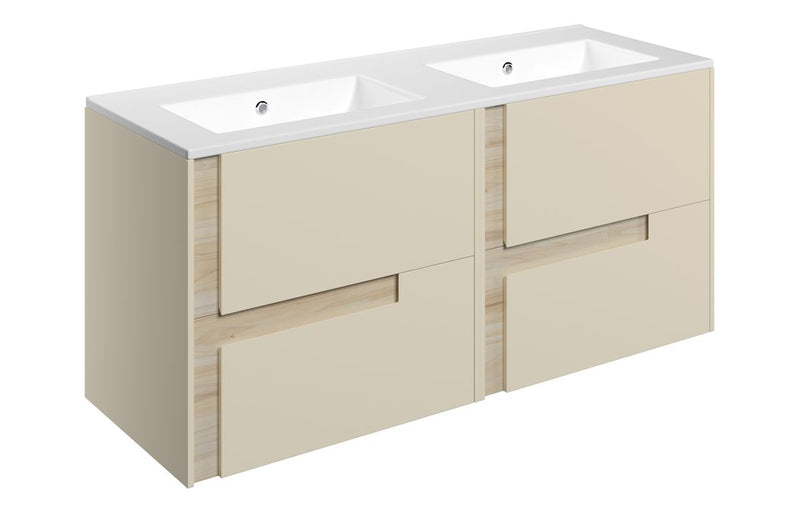 Iris 1210mm Wall Hung 4 Drawer Basin Unit & 2TH White Basin - Matt Cotton & Oak Effect - KPSB111307