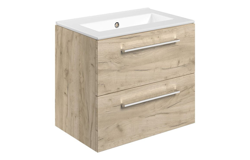 Willow 610mm Wall Hung 2 Drawer Basin Unit & 0TH Thin Edge Basin - Oak - KPSB111347