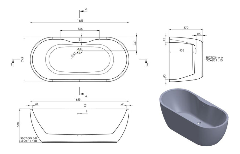 Freestanding 1650x745x580mm 0TH Bath - Gloss White - KPSB111368
