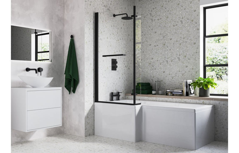 Padstow L Shape SUPERCAST 1700x850x560mm 0TH Shower Bath Pack (RH) - Matt Black - KPSB111376