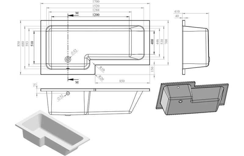 Padstow L Shape 1700x850x560mm 0TH Shower Bath Pack (LH) - Brushed Bronze - KPSB111383