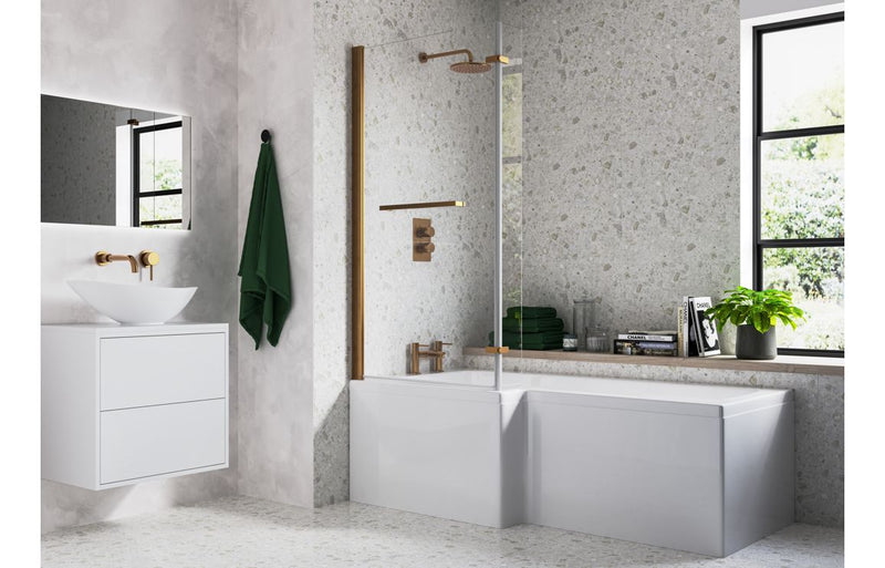 Padstow L Shape SUPERCAST 1700x850x560mm 0TH Shower Bath Pack (LH) - Brushed Bronze - KPSB111385