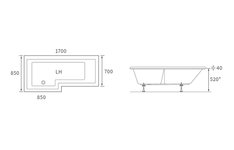 Padstow L Shape SUPERCAST 1700x850x560mm 0TH Shower Bath Pack (RH) - Brushed Bronze - KPSB111386