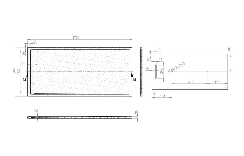 30mm Linear Slate 1700x800mm Rectangular Tray & Waste - White - KPSB111447