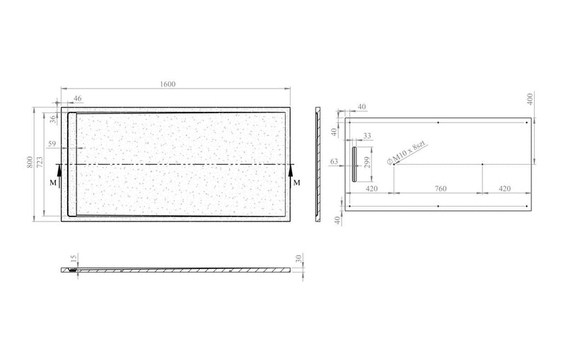 30mm Linear Slate 1600x800mm Rectangular Tray & Waste - Grey - KPSB111452