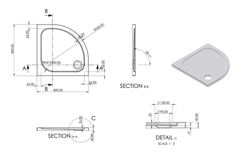 //2Go 45mm Low Profile 800mm Quadrant Tray & Waste - White - KPSB111461