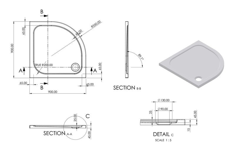 //2Go 45mm Low Profile 900mm Quadrant Tray & Waste - White - KPSB111462