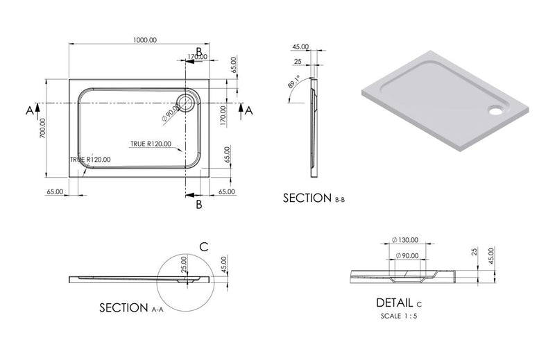 //2Go 45mm Low Profile 1000x700mm Rectangular Tray & Waste - White - KPSB111464