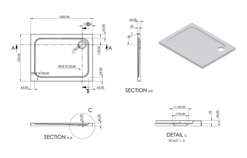 //2Go 45mm Low Profile 1000x760mm Rectangular Tray & Waste - White - KPSB111465