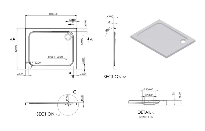 //2Go 45mm Low Profile 1000x800mm Rectangular Tray & Waste - White - KPSB111466