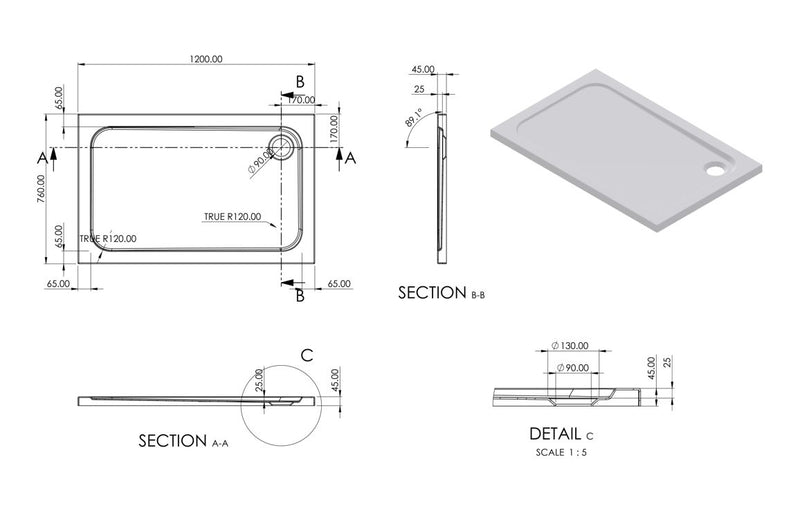 //2Go 45mm Low Profile 1200x760mm Rectangular Tray & Waste - White - KPSB111469