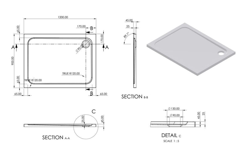 //2Go 45mm Low Profile 1200x900mm Rectangular Tray & Waste - White - KPSB111471