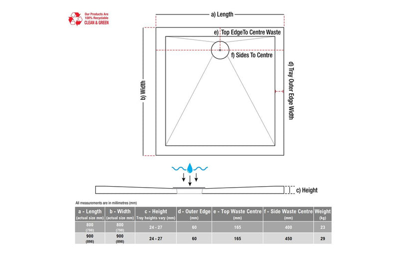 25mm Anti-Slip Ultra-Slim 800mm Square Tray & Waste - KPSB111475