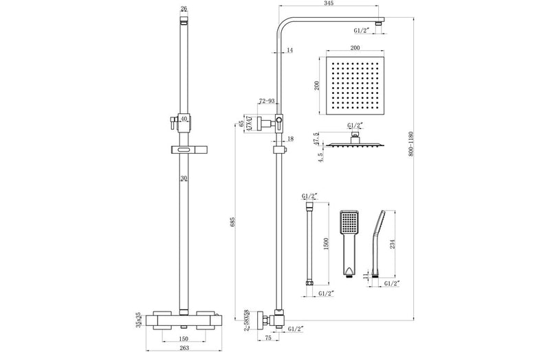 Square Thermostatic Bar Mixer w/Riser Kit - Matt Black - KPSB111609