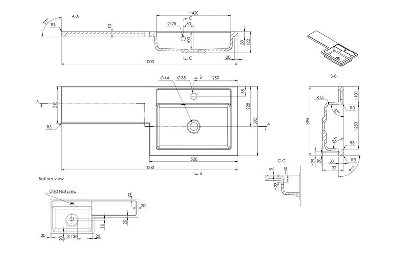 Carnation 1000mm F/S L-Shape Pack & Basin (RH) - White Gloss - KPSB111676