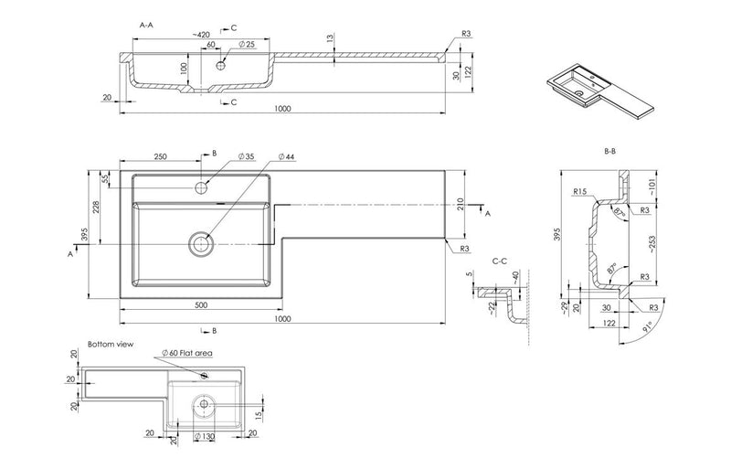 Carnation 1000mm F/S L-Shape Pack & Basin (LH) - Anthracite Gloss - KPSB111681