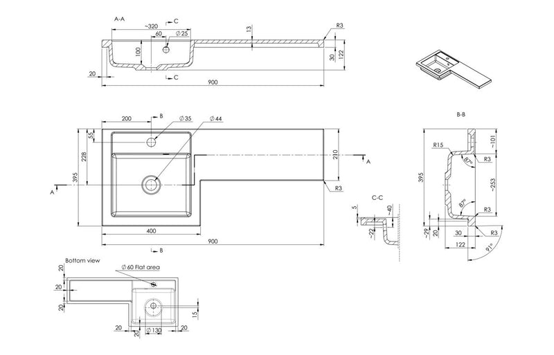 Carnation 900mm F/S L-Shape Pack & Basin (LH) - Grey Gloss - KPSB111690