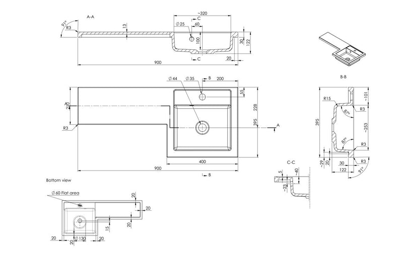 Carnation 900mm F/S L-Shape Pack & Basin (RH) - Anthracite Gloss - KPSB111694