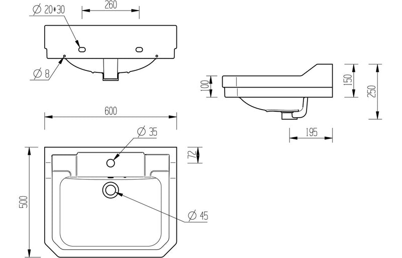Rochester 600x500mm 1TH Basin & Full Pedestal - KPSB1819