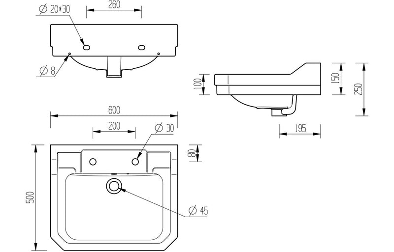 Rochester 600x500mm 2TH Basin & Full Pedestal - KPSB1820