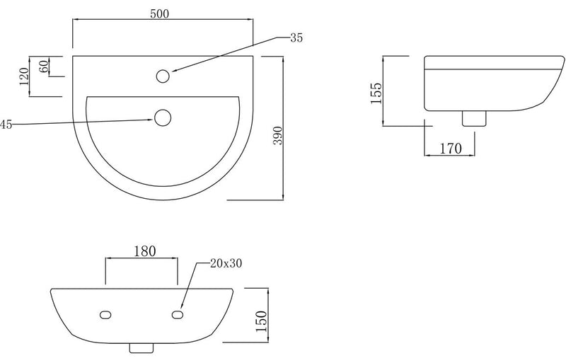 Rainham 500x390mm 1TH Basin & Full Pedestal - KPSB1822
