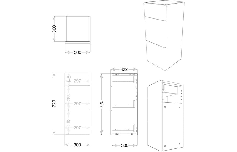 Fern 300mm 3 Drawer Unit - White Gloss - KPSB2751
