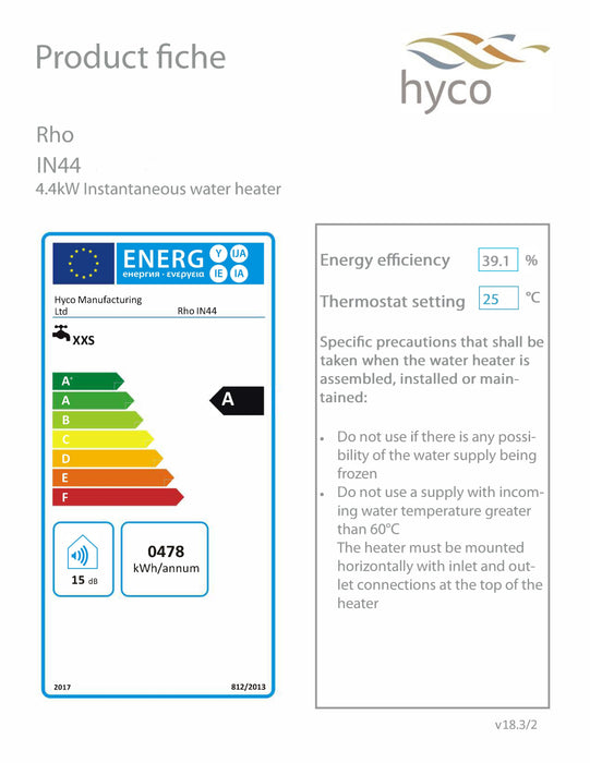Hyco Rho 4.4KW Standard Instantaneous Inline Water Heater - IN44