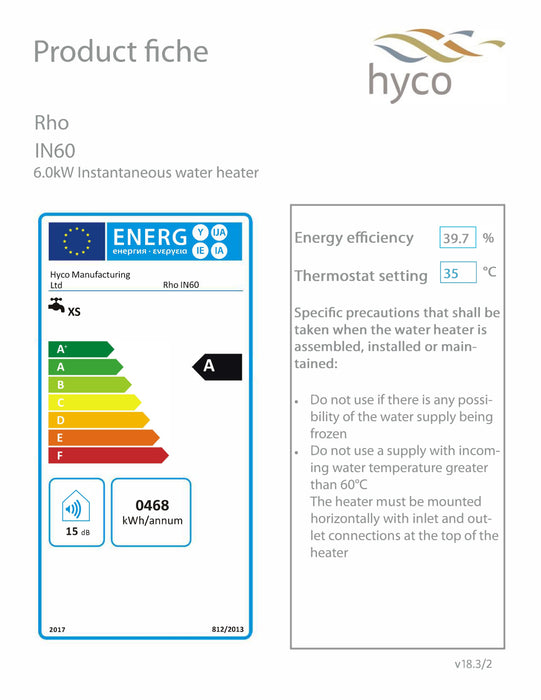 Hyco Rho 6.0KW Standard Instantaneous Inline Water Heater - IN60